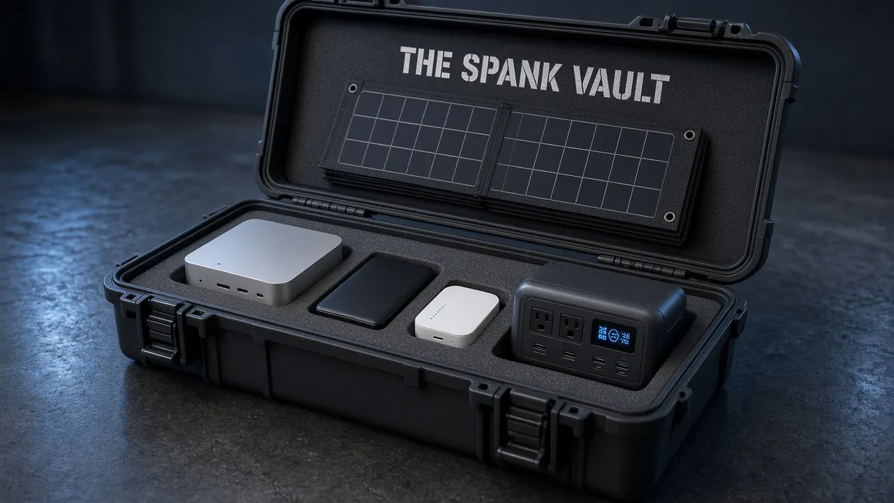 The Spank Vault: an offline porn vault in a rugged black hard case, with mini PC, drive, WiFi hotspot and power station inside