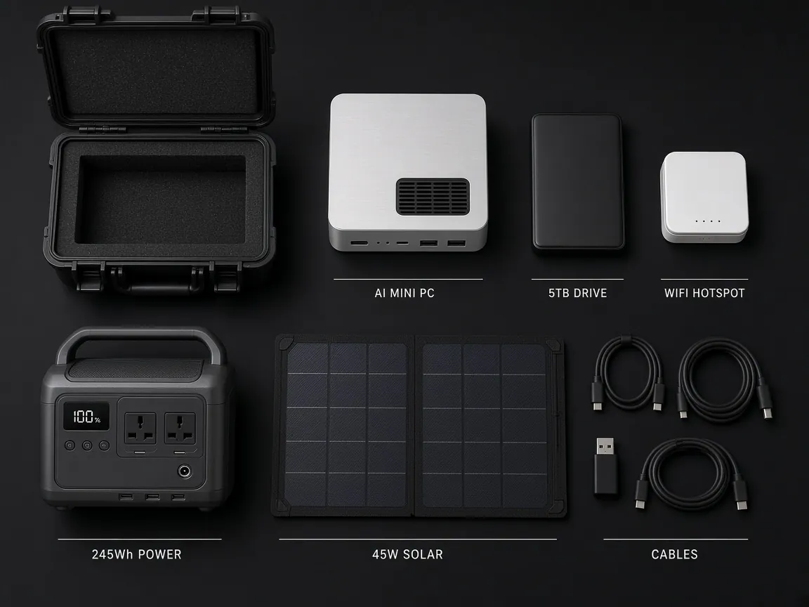 Everything inside the Spank Vault: AI mini PC, 5TB drive, WiFi hotspot, 245Wh power station, 45W solar panel, cables and hard case