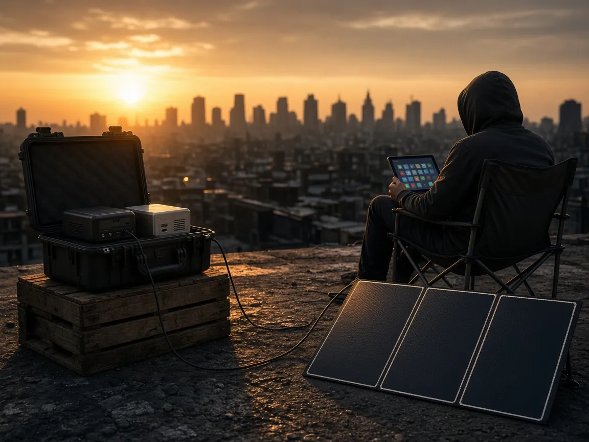 The Spank Vault running on solar power on a rooftop at sunset above a darkened city