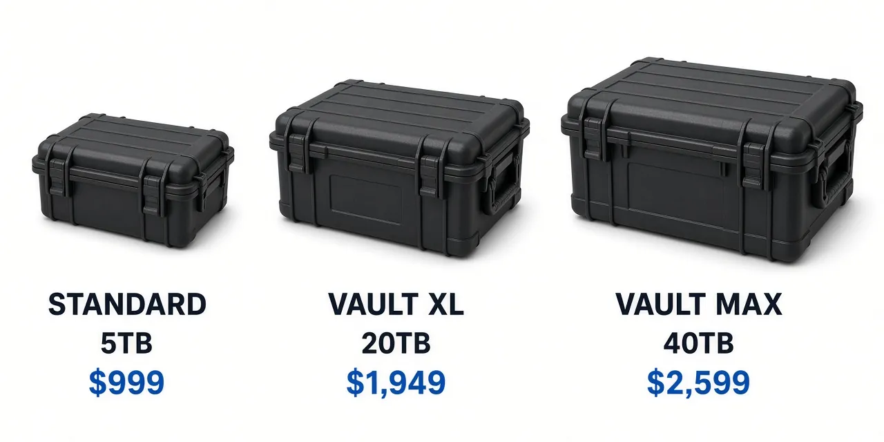 Spank Vault tiers: Standard 5TB $999, Vault XL 20TB $1,949, Vault Max 40TB $2,599